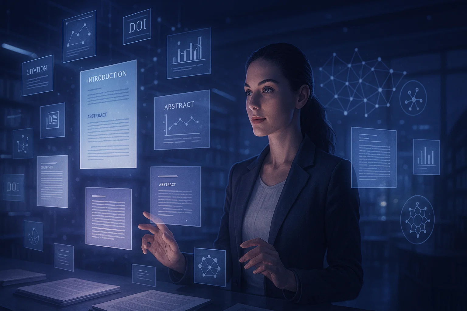 Female researcher using generative AI tools in a futuristic academic workspace, representing future of academic writing