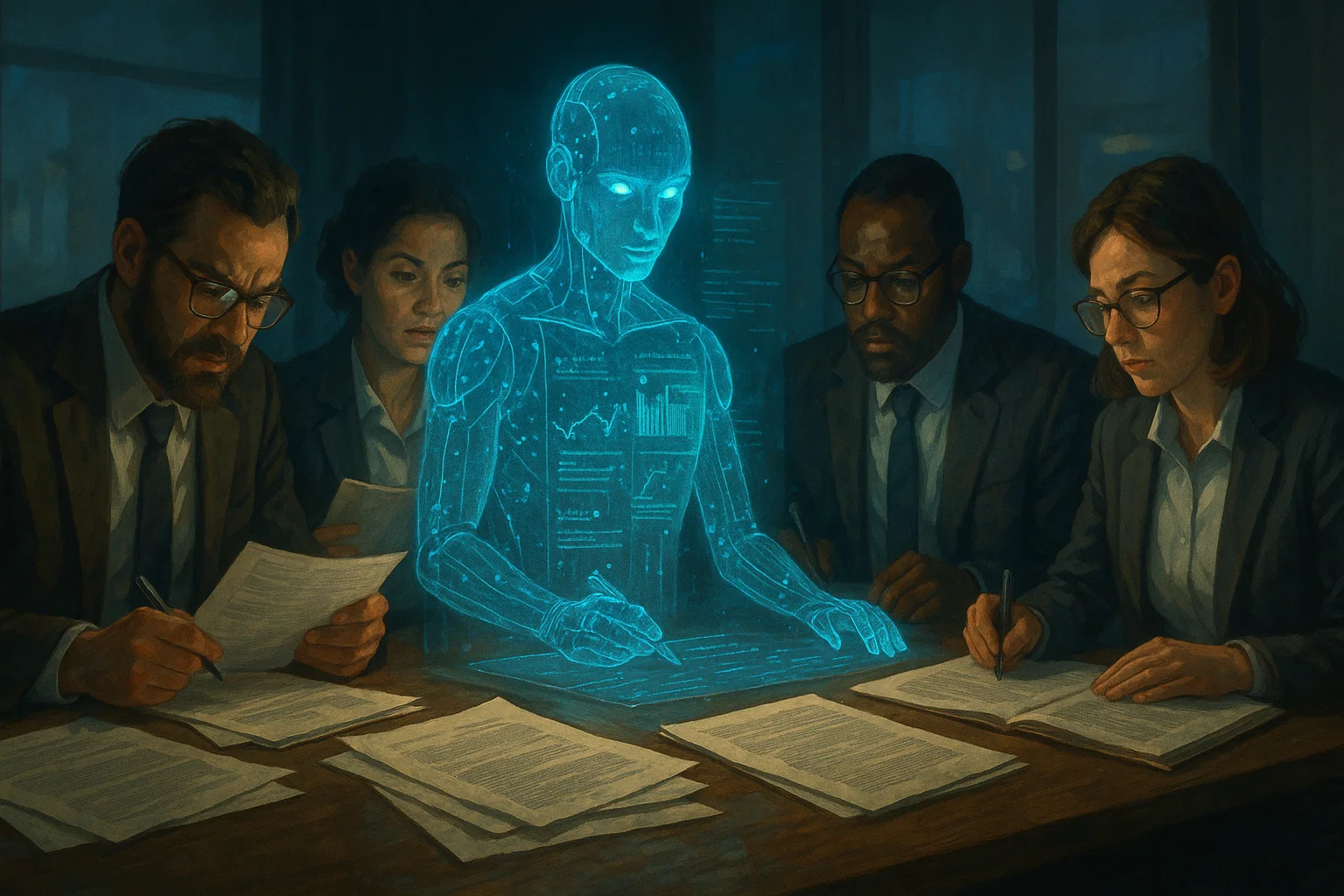 Researchers and AI collaborating in the peer review process of academic publishing.