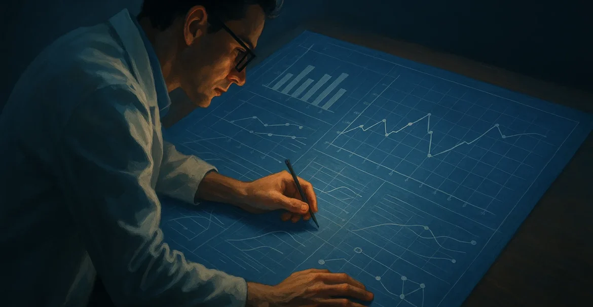 Researcher analyzing a digital blueprint representing an academic research design.