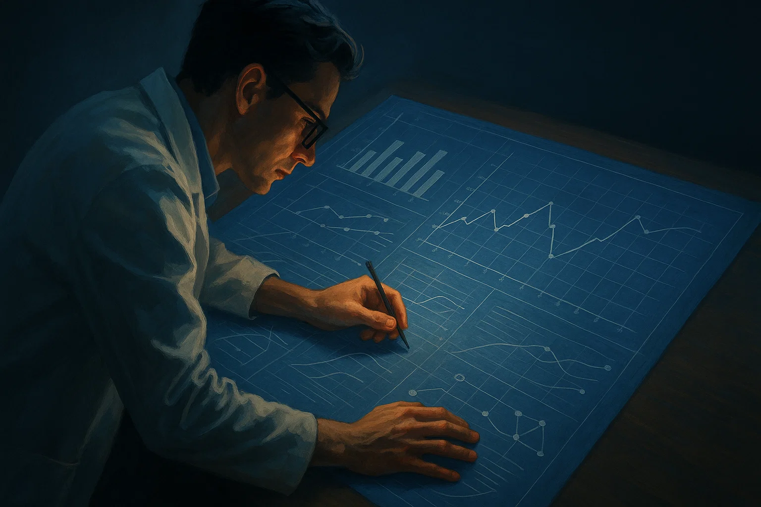 Researcher analyzing a digital blueprint representing an academic research design.