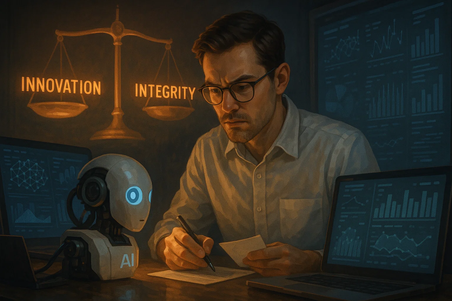 Researcher evaluating AI tools ethically for academic use.