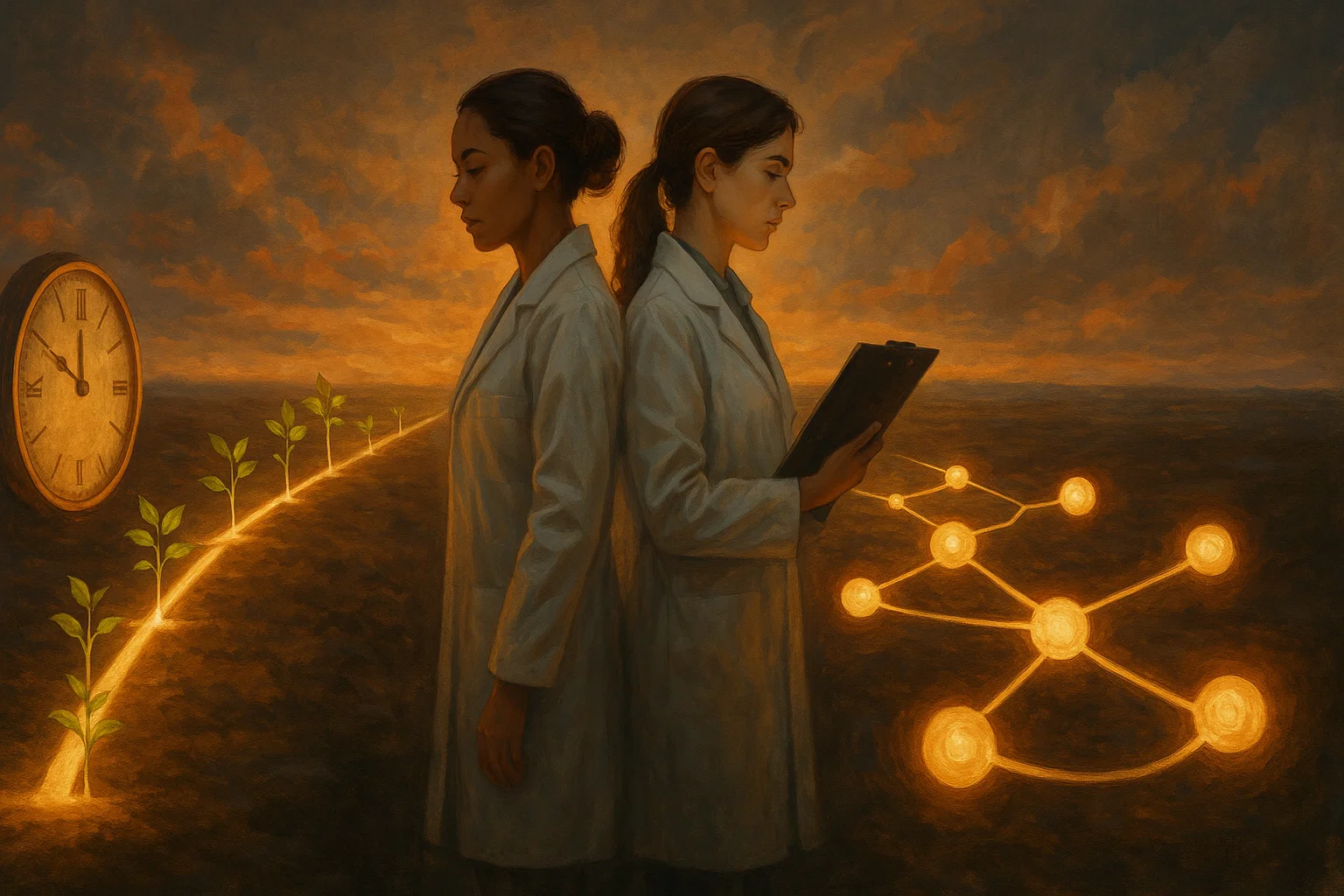 Researchers comparing longitudinal and cross-sectional study designs represented by branching timelines.