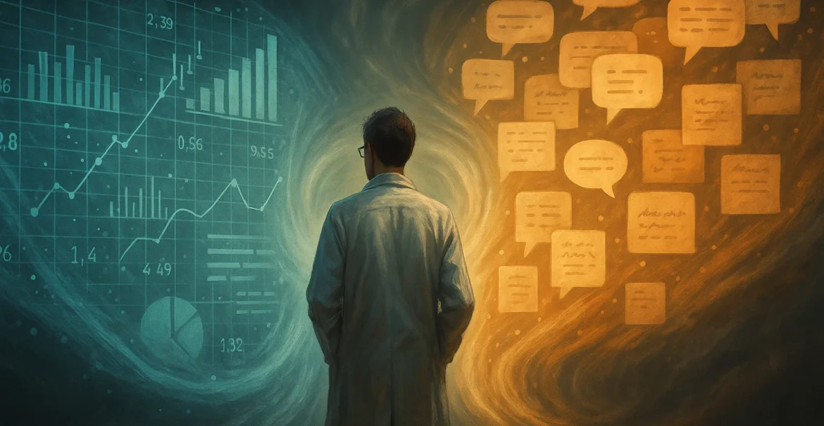 Researcher integrating qualitative and quantitative data in a mixed methods study