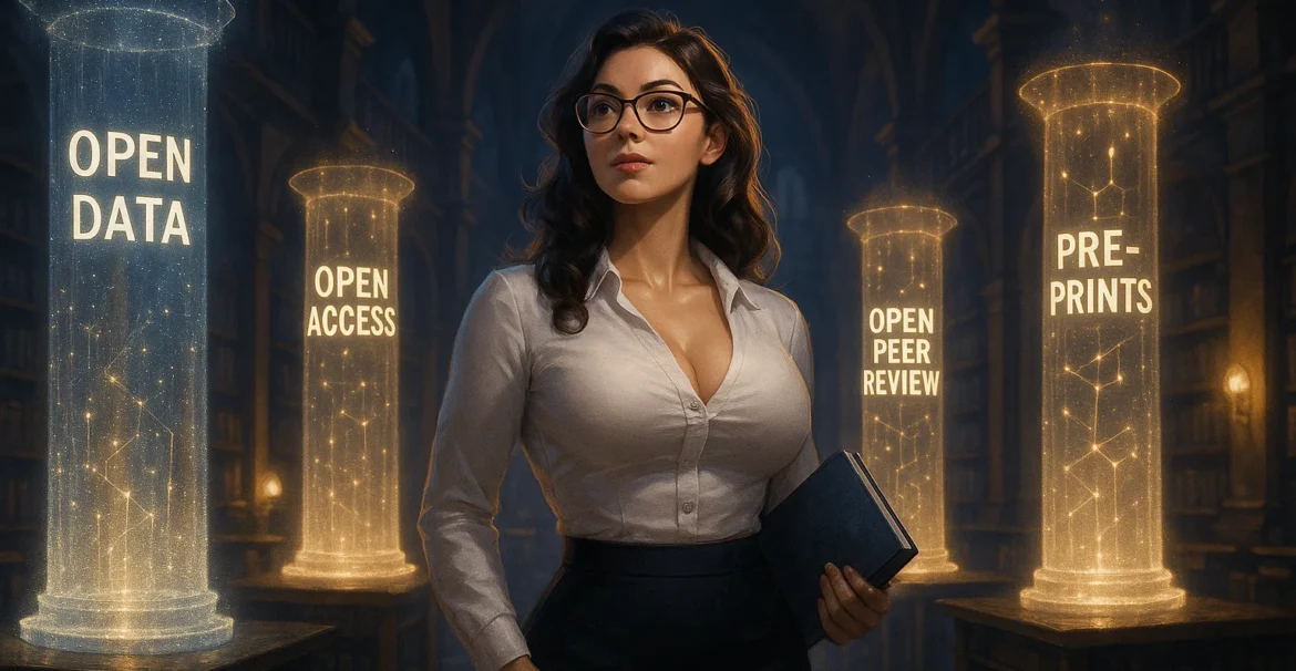 Female researcher exploring holographic open science elements in a futuristic publishing environment.