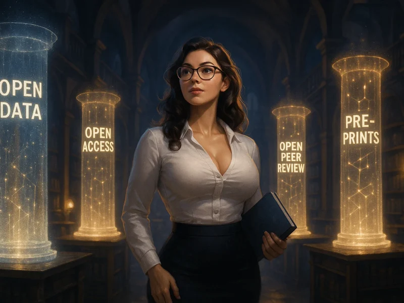 Female researcher exploring holographic open science elements in a futuristic publishing environment.