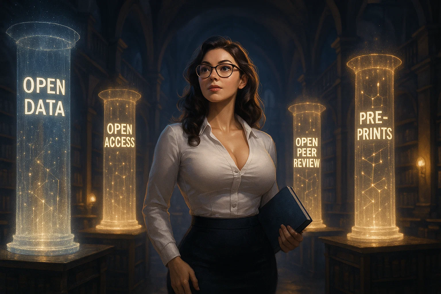 Female researcher exploring holographic open science elements in a futuristic publishing environment.