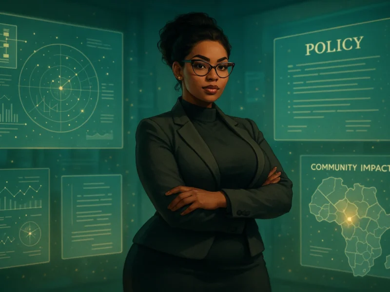 Female researcher reviewing research impact statement visuals in a futuristic academic workspace.