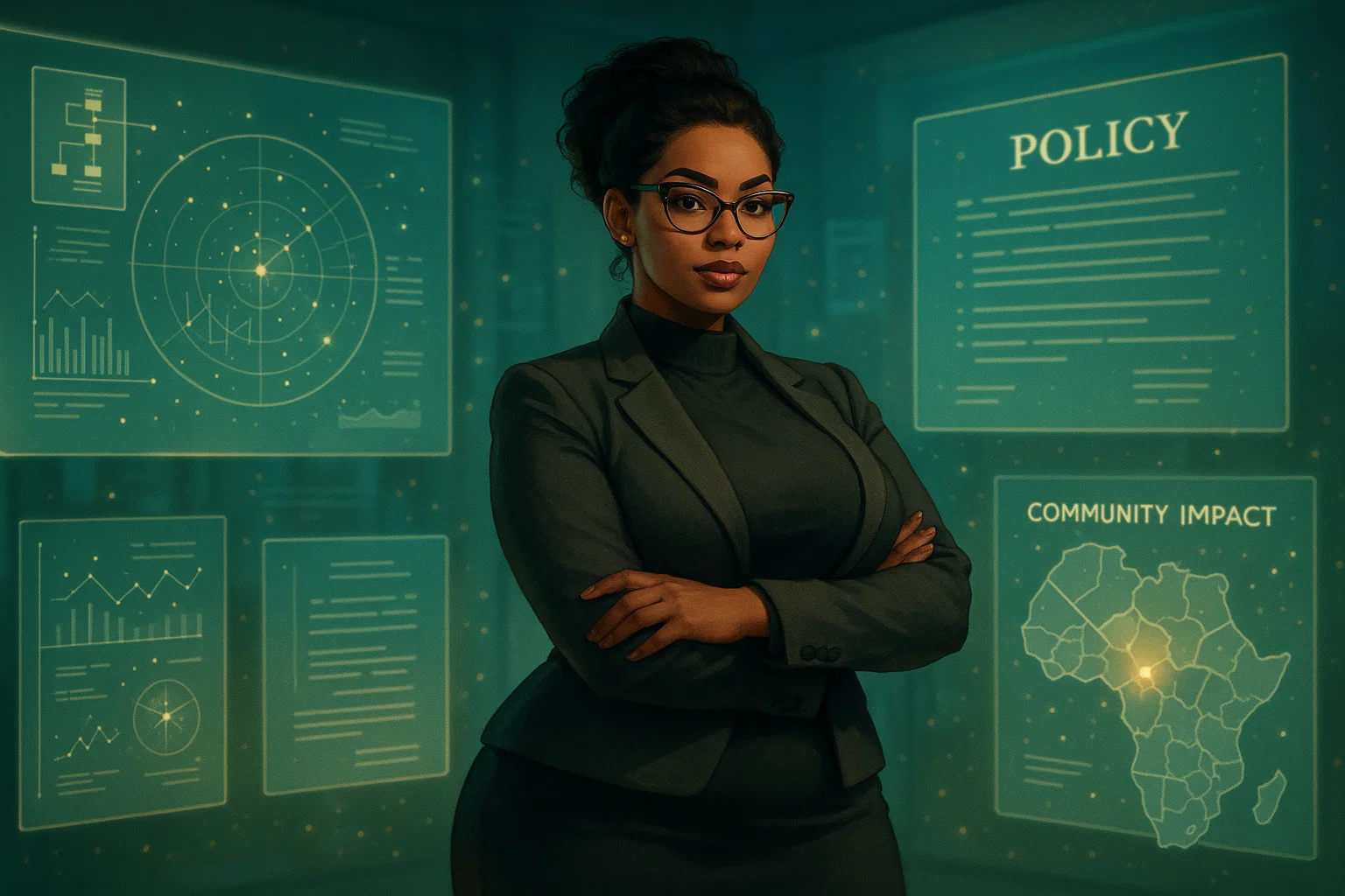 Female researcher reviewing research impact statement visuals in a futuristic academic workspace.