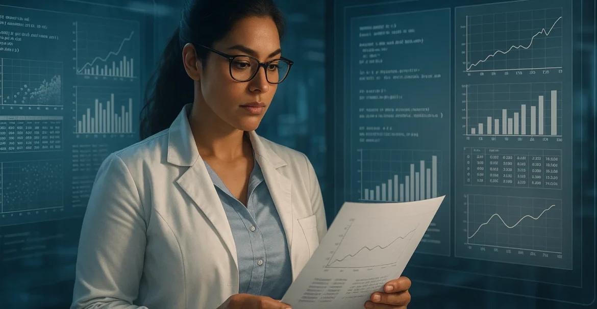 Female researcher verifying reproducible results using holographic data and code.