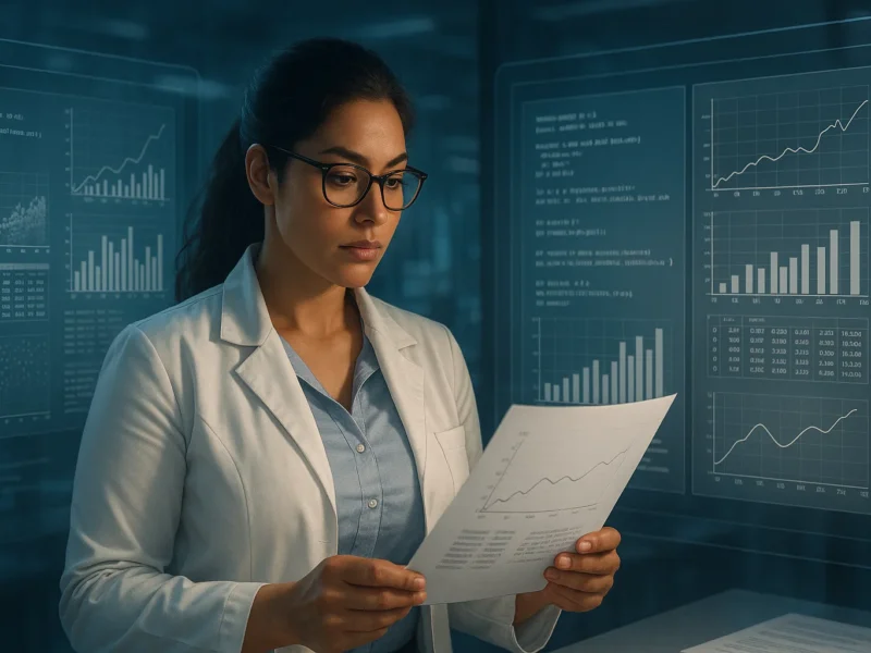 Female researcher verifying reproducible results using holographic data and code.