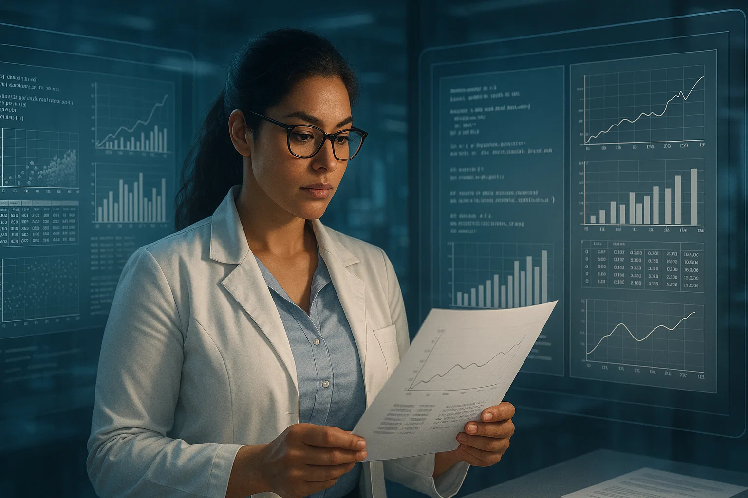 Female researcher verifying reproducible results using holographic data and code.