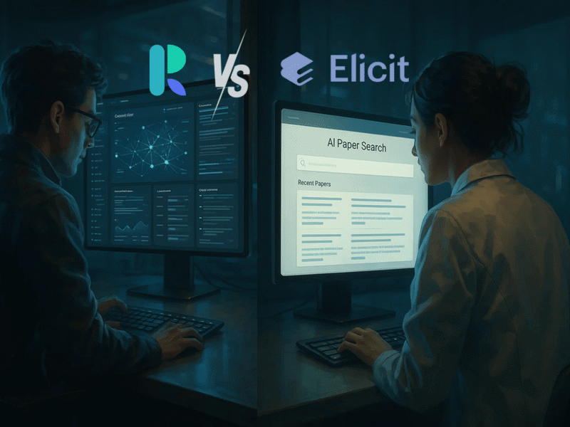 Researchers comparing ResearchPal and Elicit AI tools for academic research.