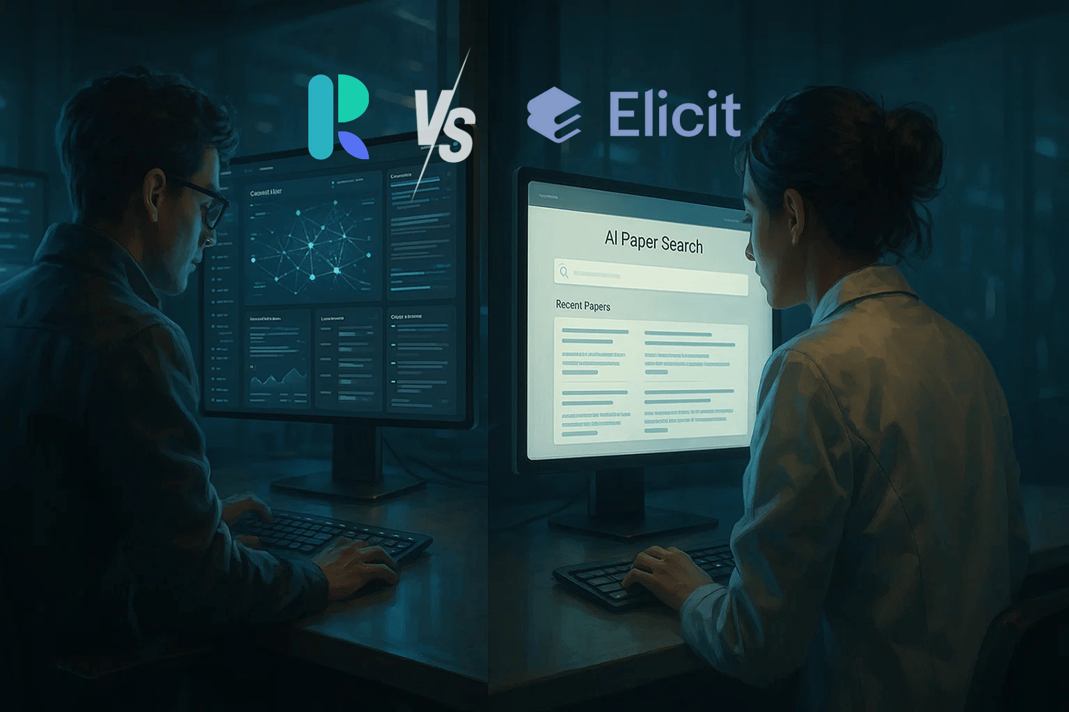 Researchers comparing ResearchPal and Elicit AI tools for academic research.