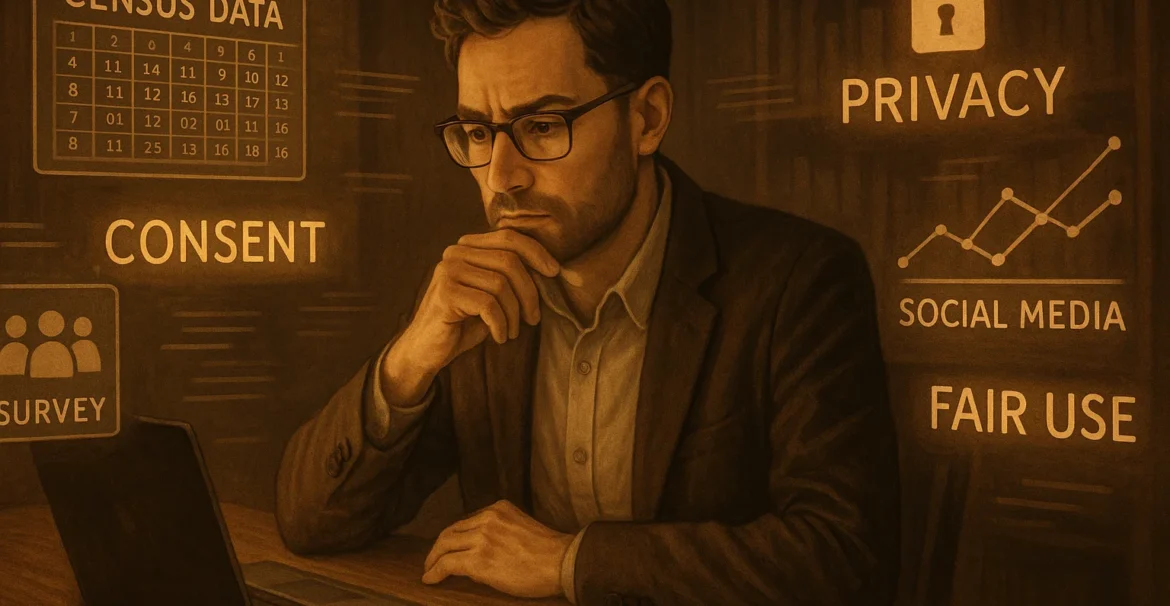 Female researcher evaluating ethical considerations of secondary data in social science.