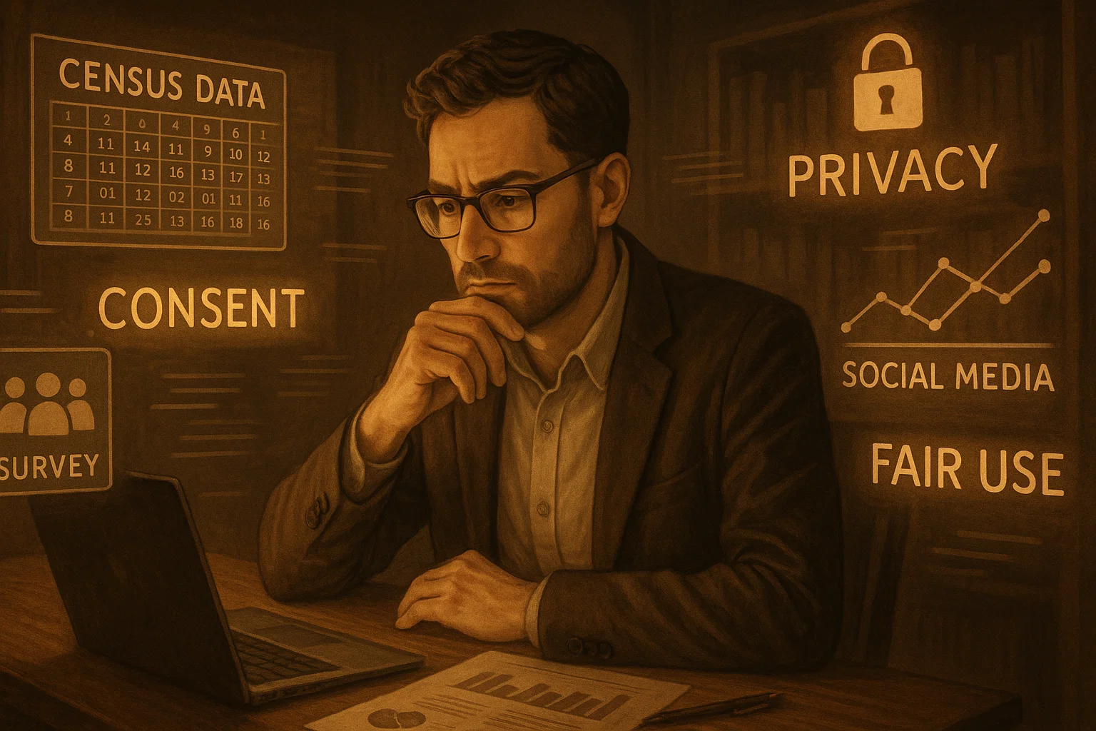 Female researcher evaluating ethical considerations of secondary data in social science.