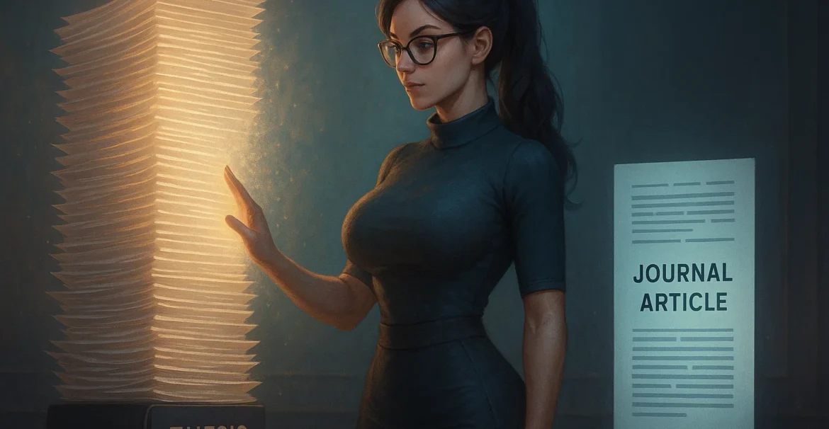 Female researcher transforming a thesis into a journal article using holographic tools.