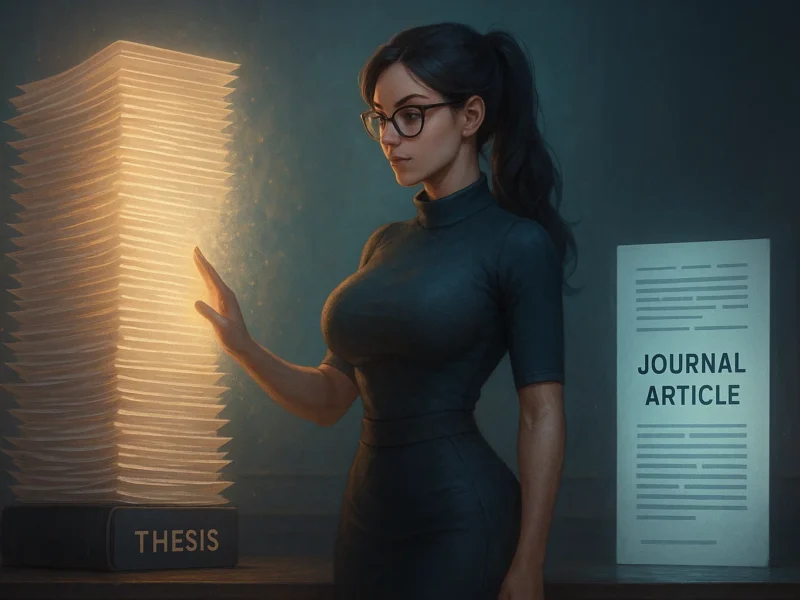 Female researcher transforming a thesis into a journal article using holographic tools.