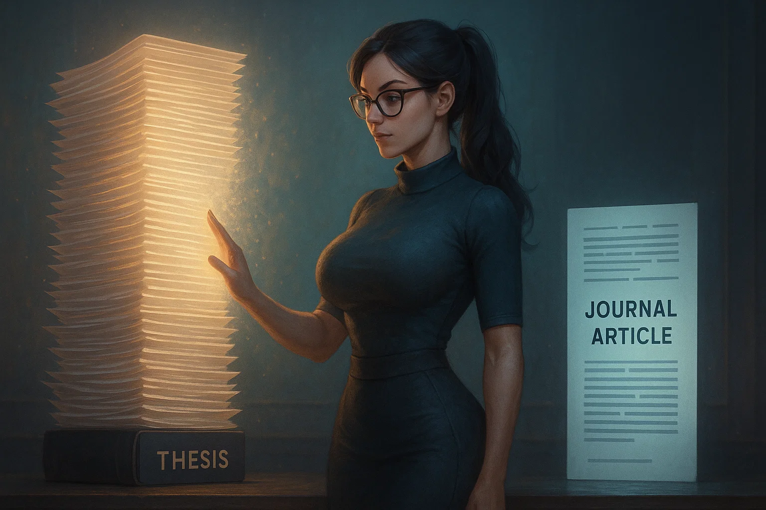 Female researcher transforming a thesis into a journal article using holographic tools.