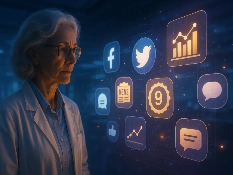 Female researcher analyzing digital altmetric indicators in a futuristic workspace.