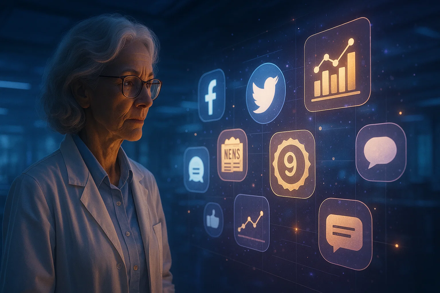 Female researcher analyzing digital altmetric indicators in a futuristic workspace.