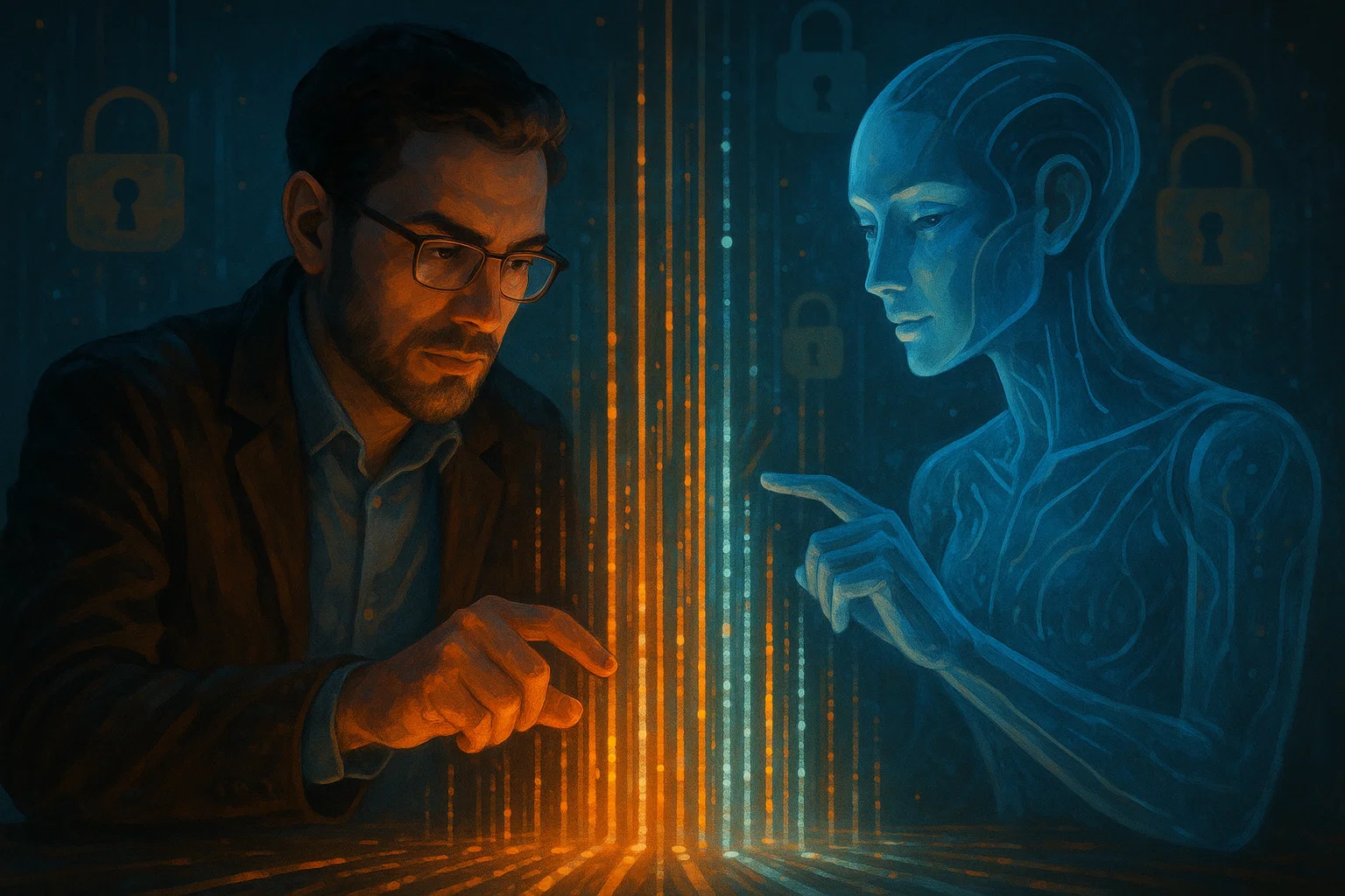 Researcher and AI ethically analyzing data streams together.