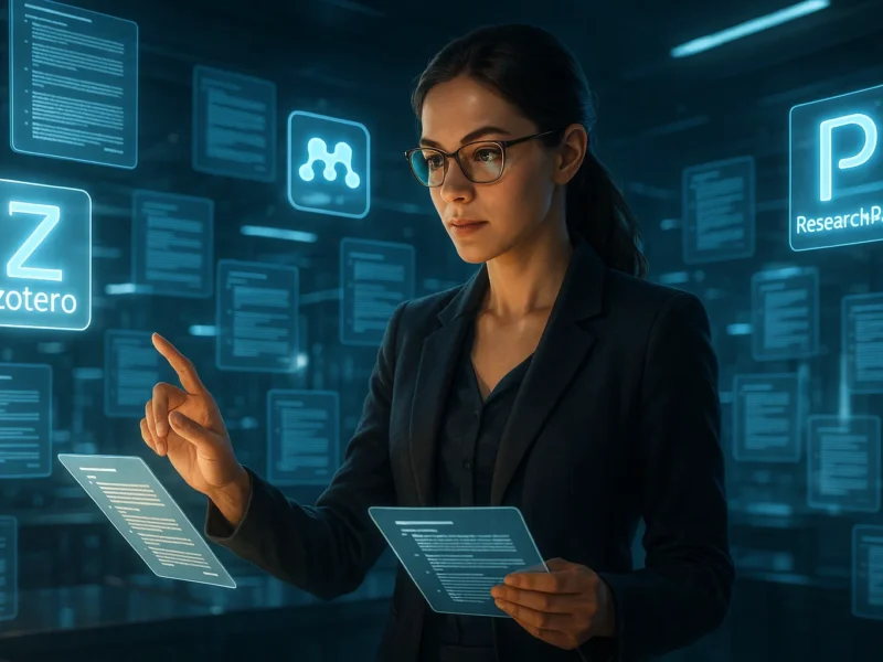 Female researcher organizing digital references using Zotero, Mendeley, and ResearchPal.