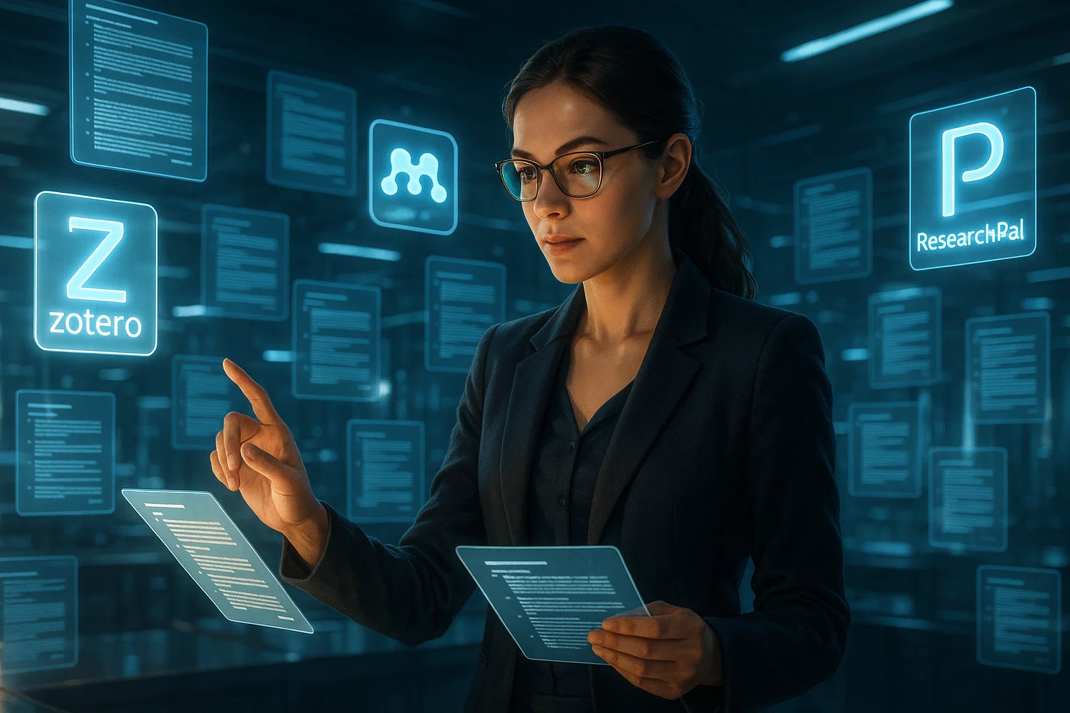 Female researcher organizing digital references using Zotero, Mendeley, and ResearchPal.