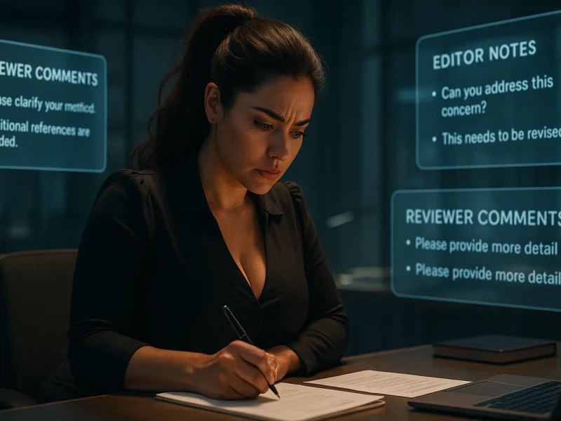 Female researcher drafting a journal rebuttal letter using holographic reviewer comments.