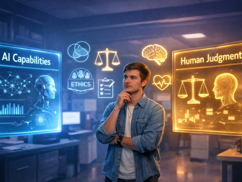 Researcher balancing AI tools and human judgment in research methodology.