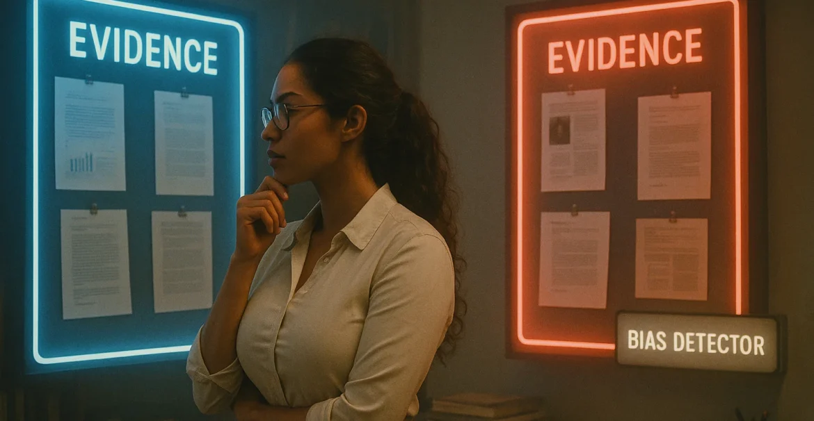 Female researcher comparing contrasting holographic evidence panels to avoid confirmation bias.