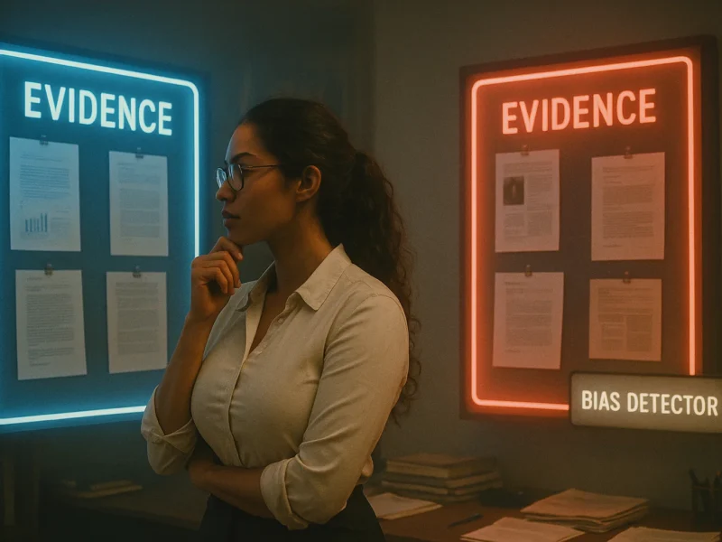 Female researcher comparing contrasting holographic evidence panels to avoid confirmation bias.