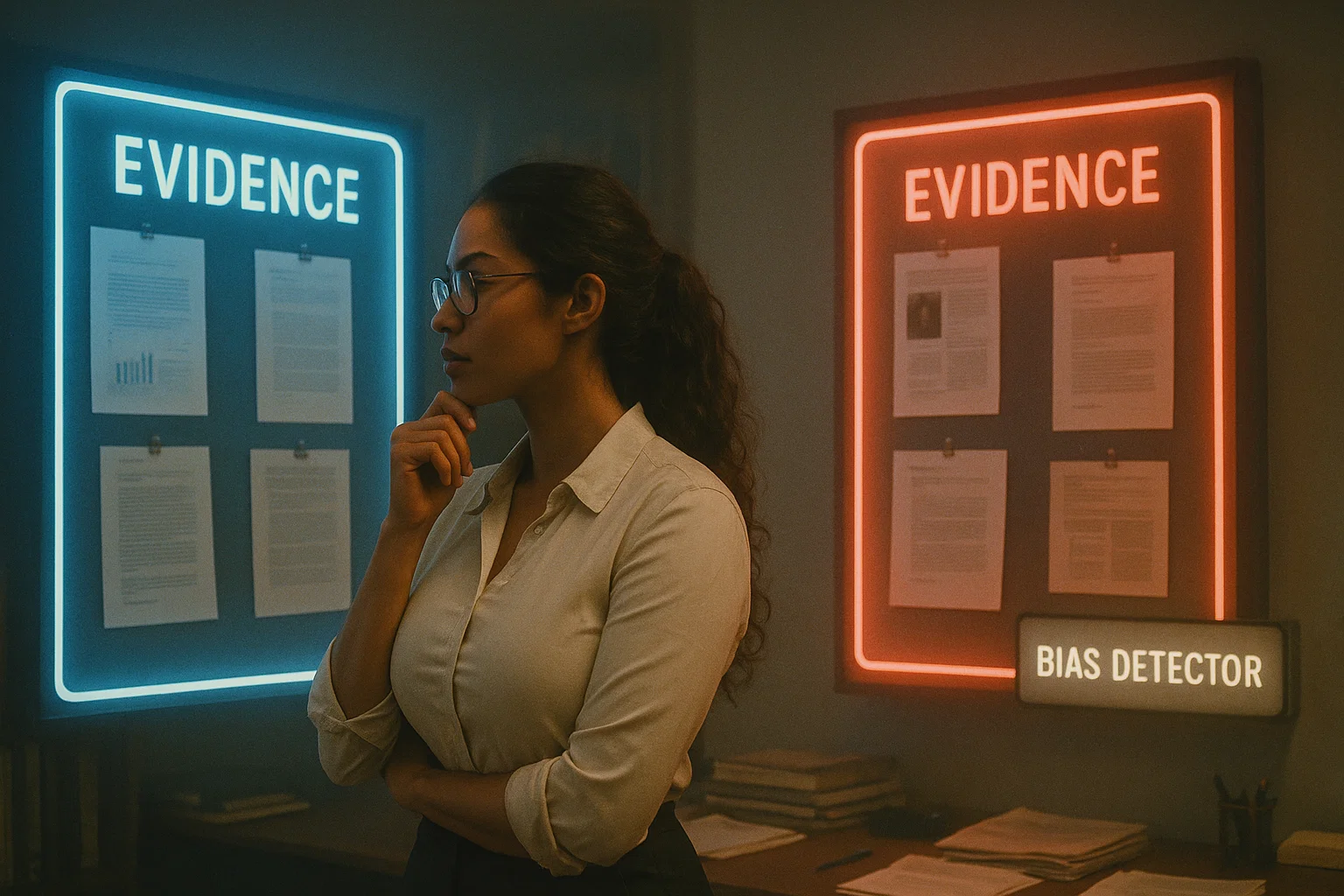 Female researcher comparing contrasting holographic evidence panels to avoid confirmation bias.
