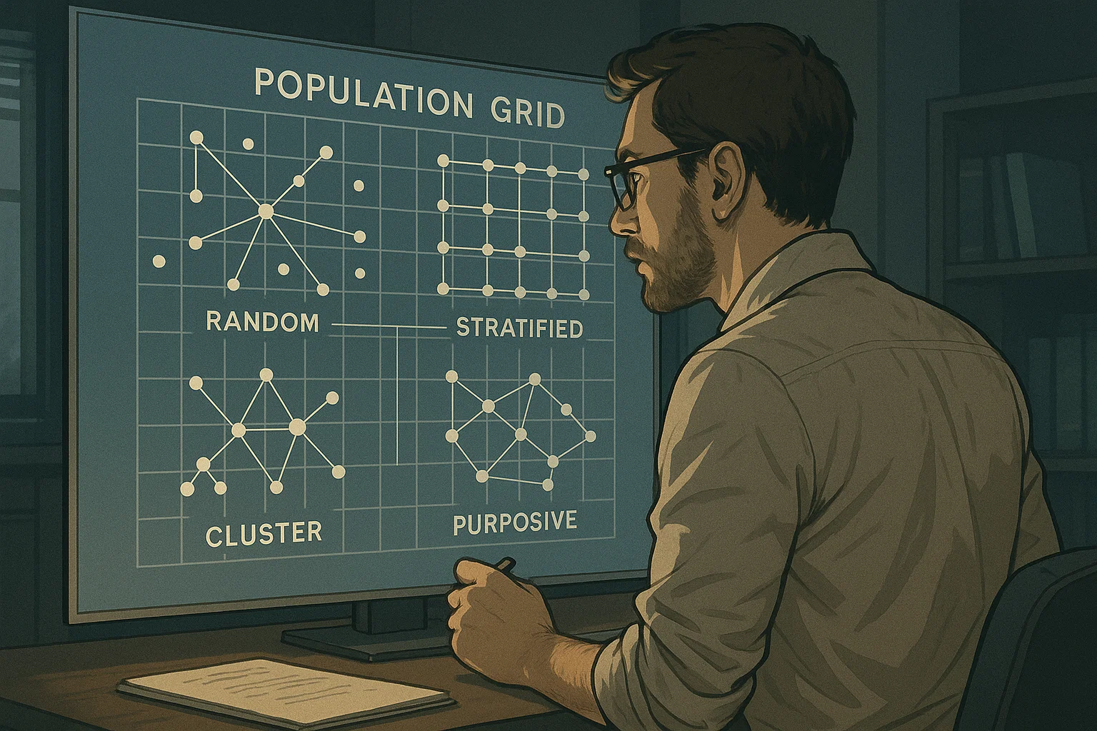 Female researcher examining holographic sampling strategy options for a study.