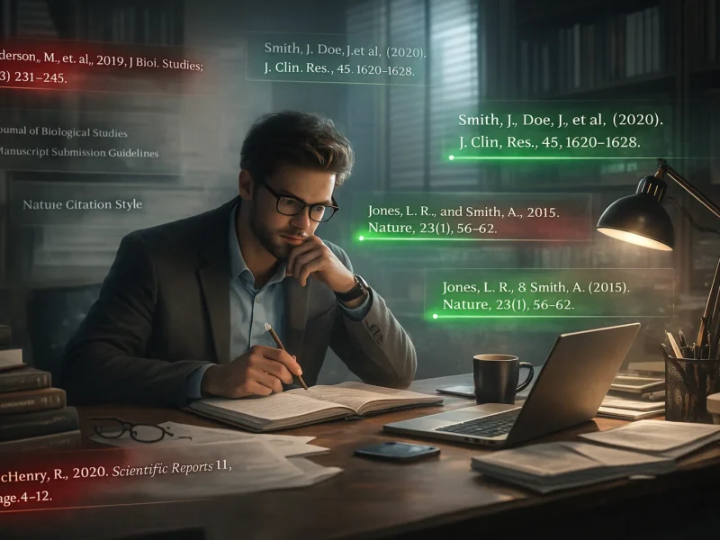 Researcher correcting citation errors before journal submission.