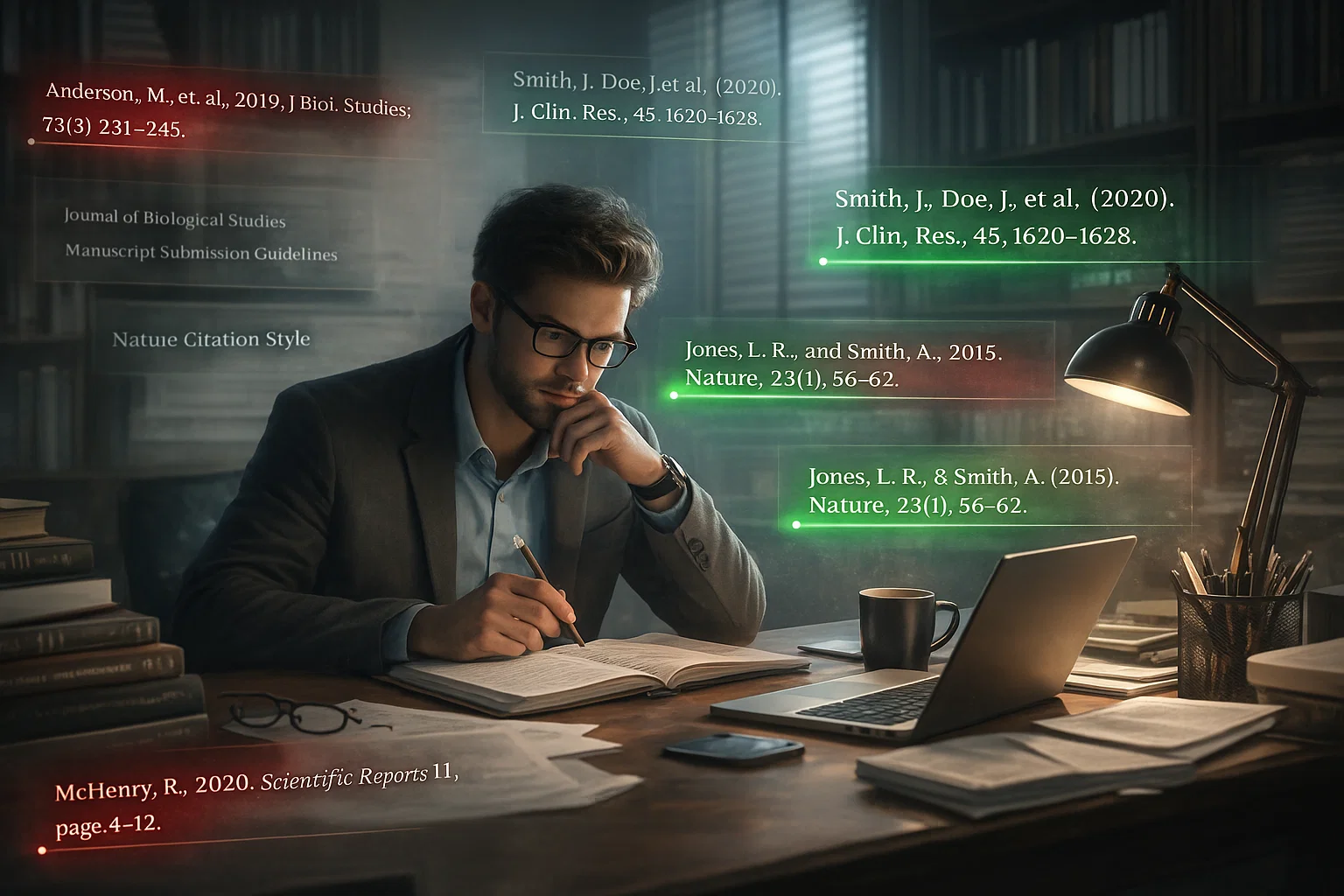 Researcher correcting citation errors before journal submission.