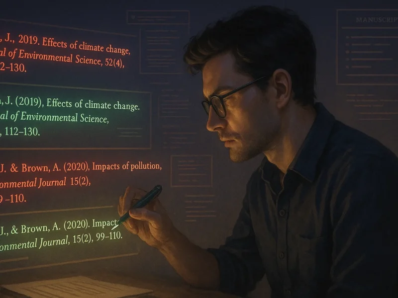 researcher correcting journal reference formatting errors in a cinematic academic setting.