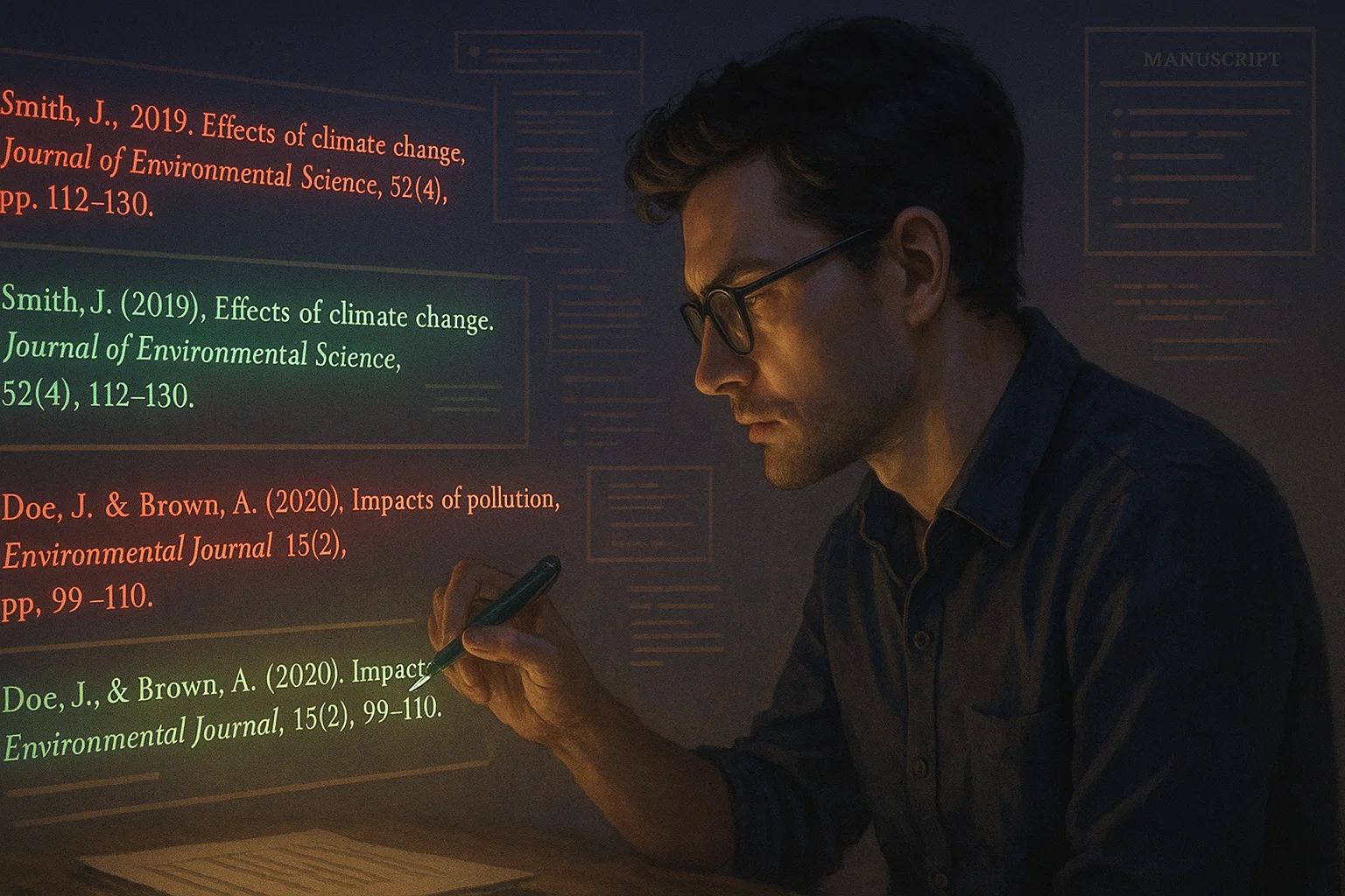 researcher correcting journal reference formatting errors in a cinematic academic setting.
