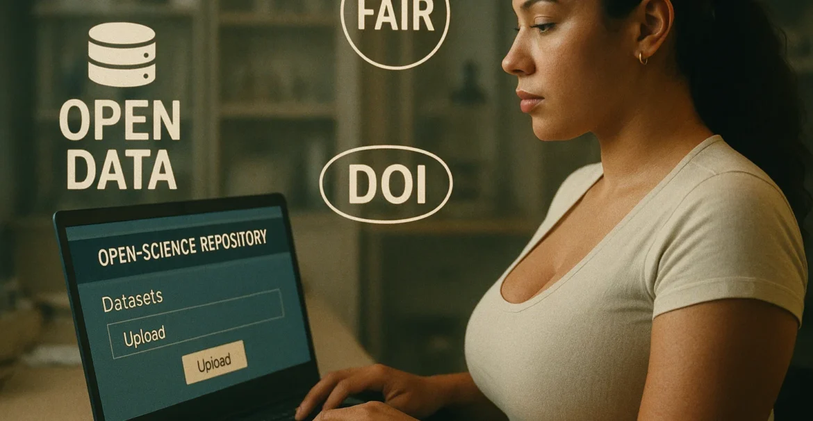 Female researcher preparing a data availability statement by uploading data to an open repository