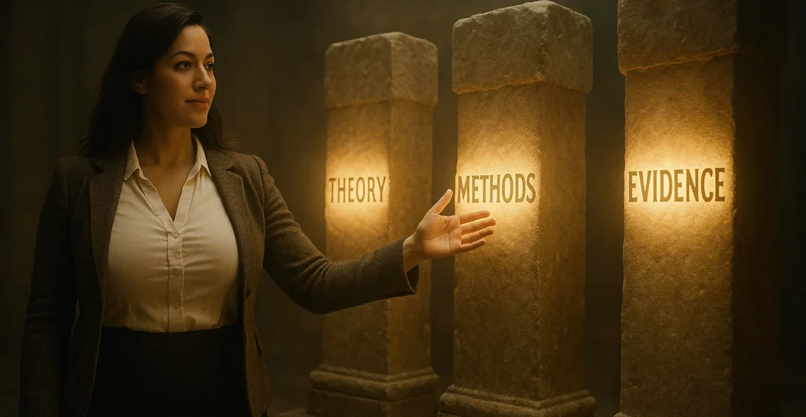 Female researcher presenting holographic pillars representing different types of research contributions.