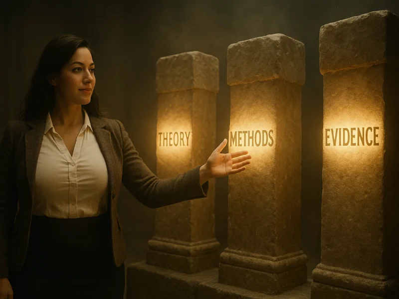 Female researcher presenting holographic pillars representing different types of research contributions.