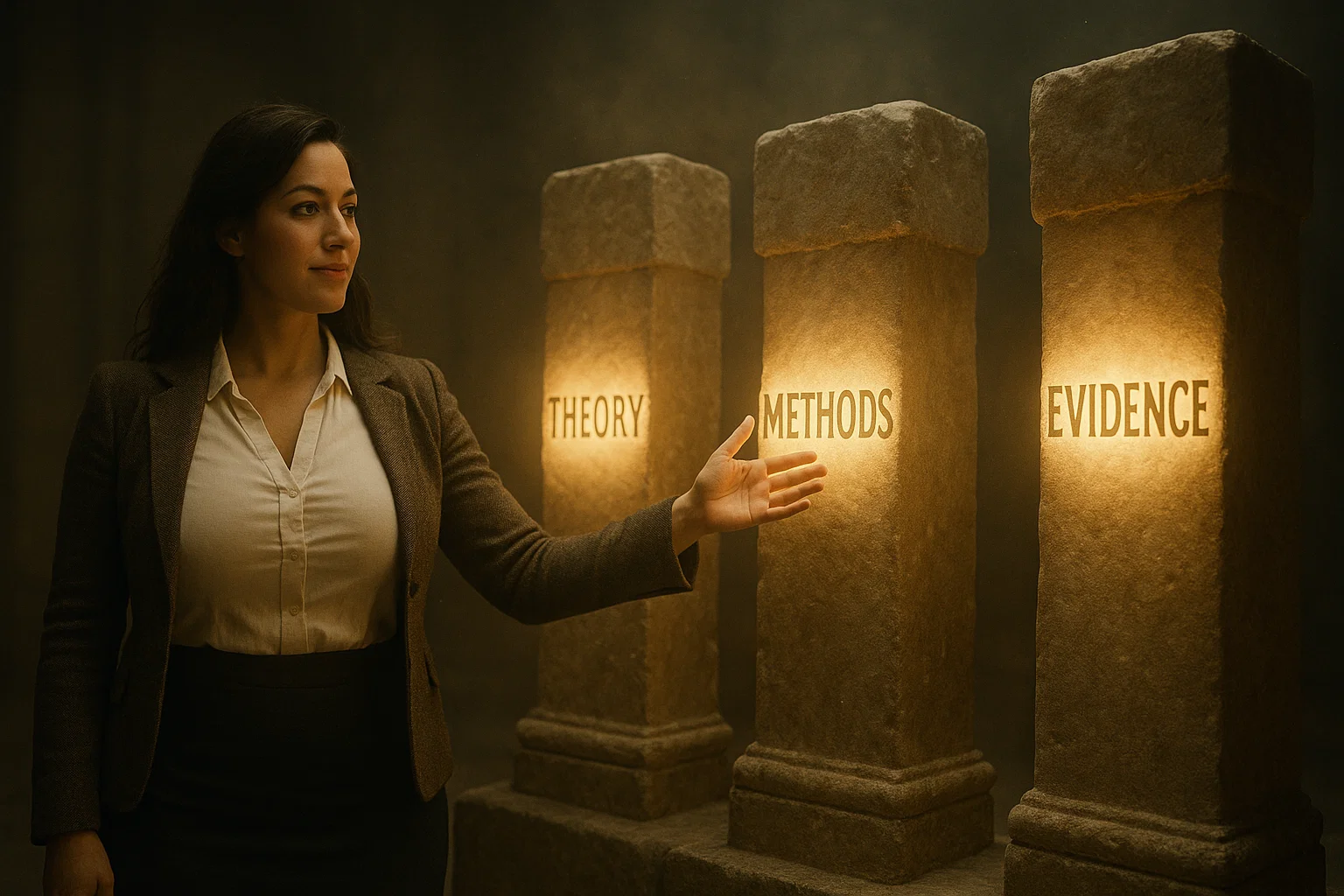 Female researcher presenting holographic pillars representing different types of research contributions.