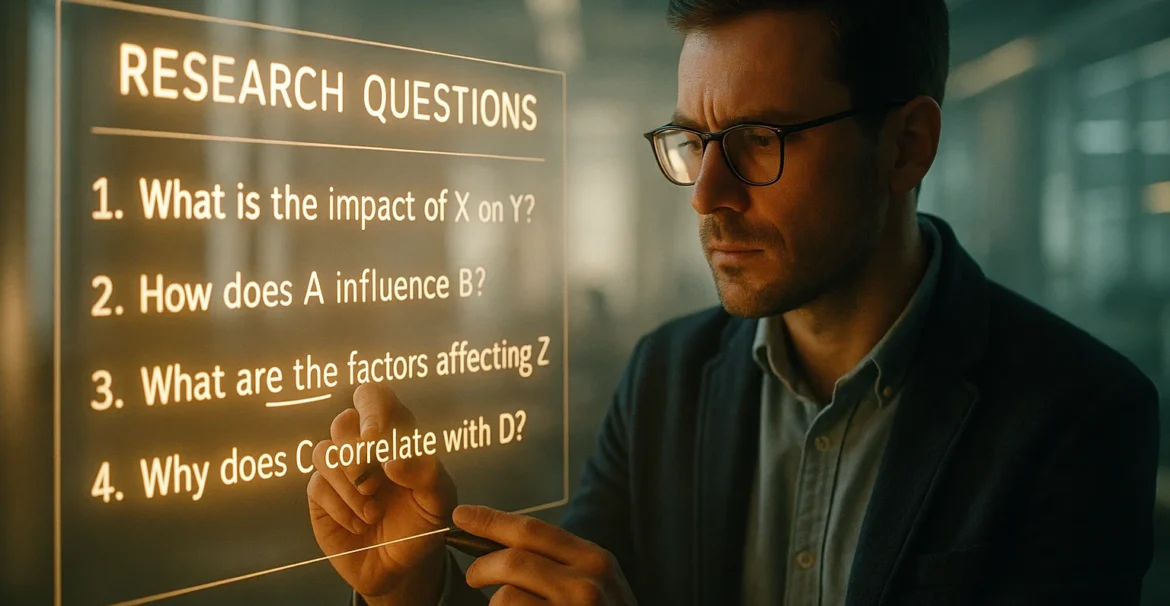 Male researcher crafting clear and effective research questions on a holographic board.