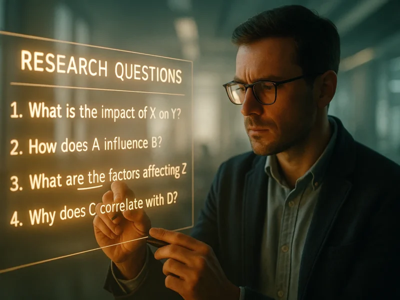 Male researcher crafting clear and effective research questions on a holographic board.