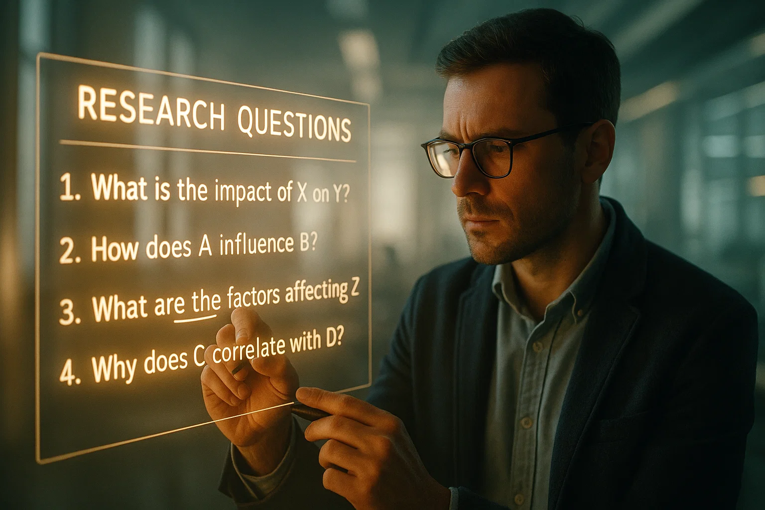 Male researcher crafting clear and effective research questions on a holographic board.
