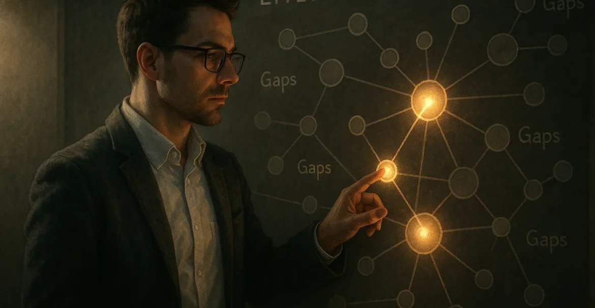 researcher identifying gaps in holographic literature maps.