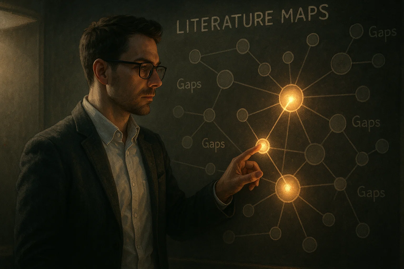 researcher identifying gaps in holographic literature maps.