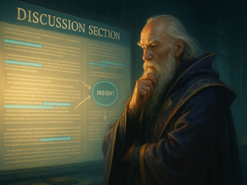 researcher analyzing a discussion section in a futuristic academic workspace