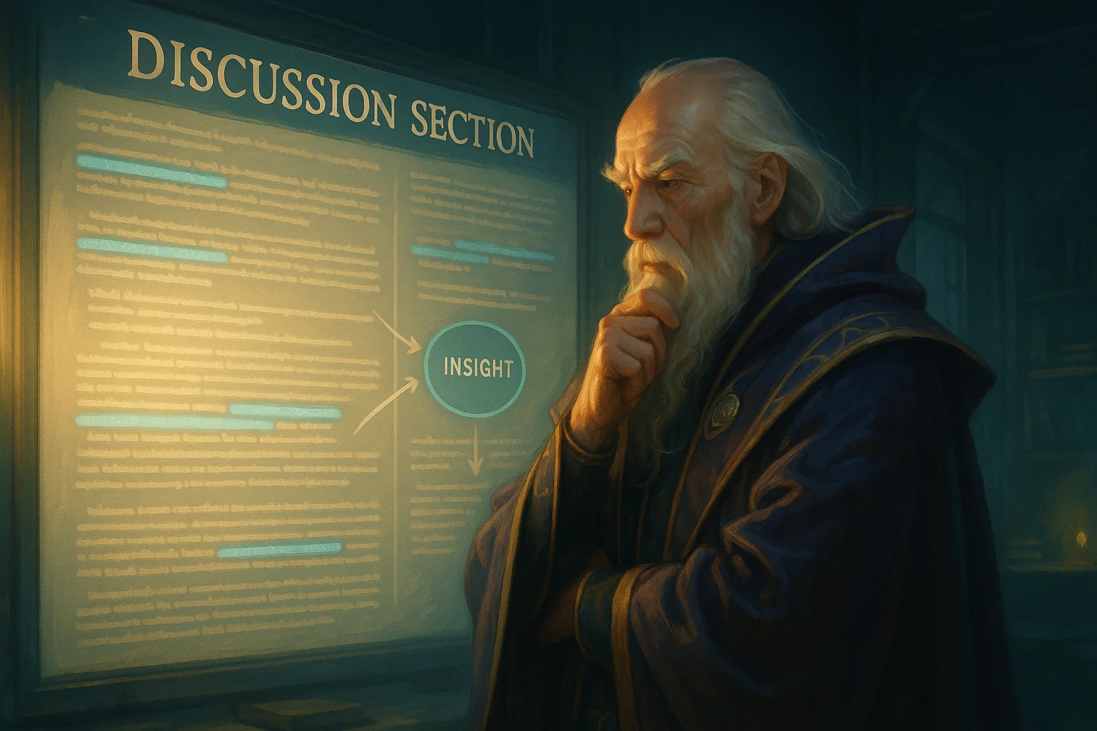 researcher analyzing a discussion section in a futuristic academic workspace