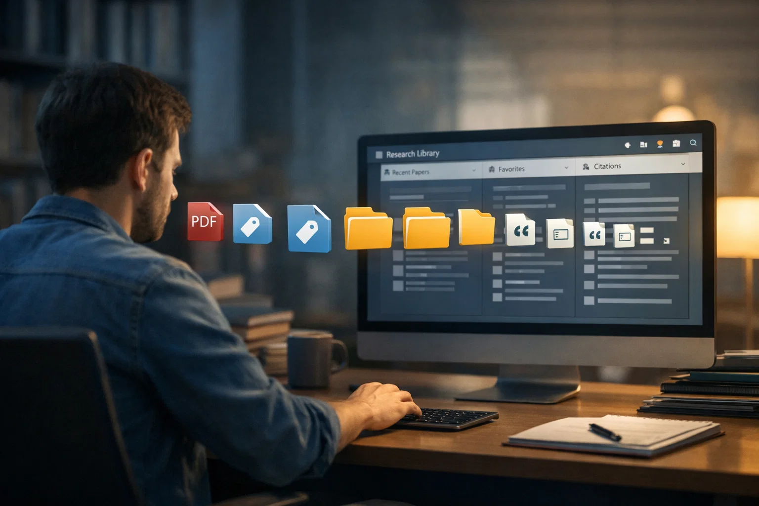 researcher organizing a clean digital research library