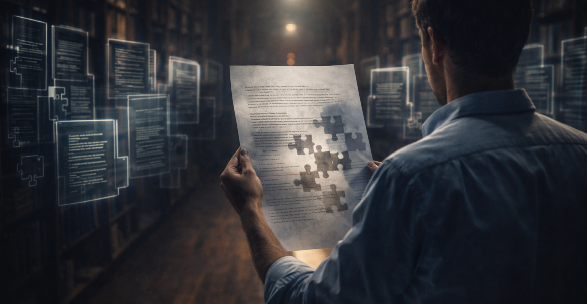 Researcher examining an incomplete research paper symbolizing unclear academic contribution